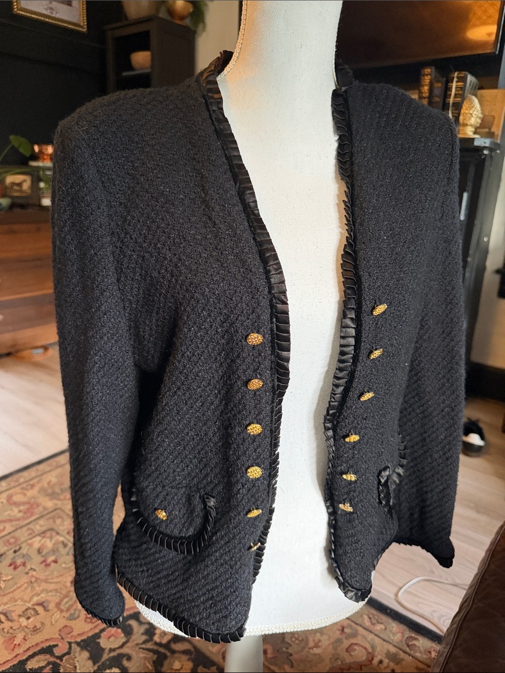 Women’s vintage castleberry Black Textured Open-Front Jacket with Gold Buttons